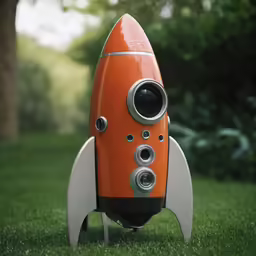 an orange rocket toy sitting on top of grass