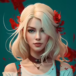 a girl in white with red flowers on her head