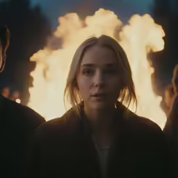 a girl staring at someone in front of a fire