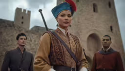 a woman is dressed up as a renaissance soldier