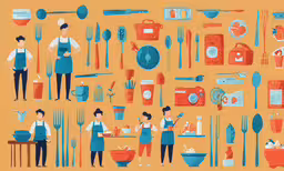an illustration of several people surrounded by utensils,a poster of some people that are making a meal