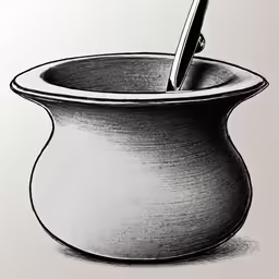 pen writing in a black pot with two handles