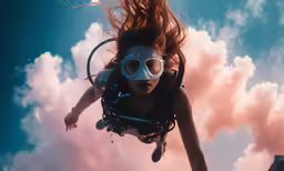 woman scuba in the air, wearing a diving gear and goggles