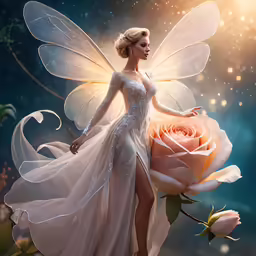 the fairy is posing with her pink rose