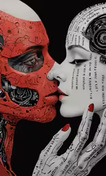 two women with their faces covered in black and red