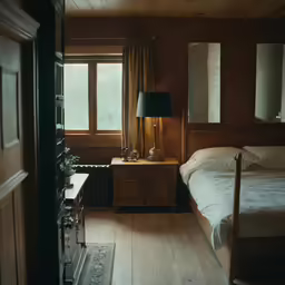 a room with brown walls and wooden floors