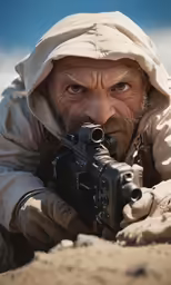 a man with a gun aims a small machine into his camera