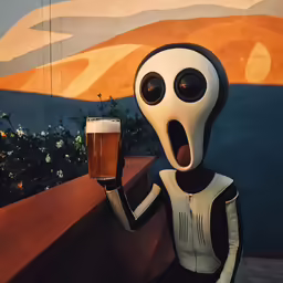 a man in an alien outfit holding a drink
