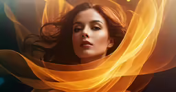 a woman with long brown hair has her eyes closed as she is holding fabric around her neck