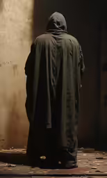 the man is standing in a dark room with one coat on