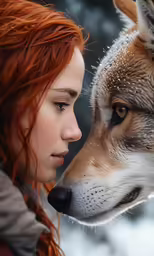 a young woman with red hair with wolf on her shoulder