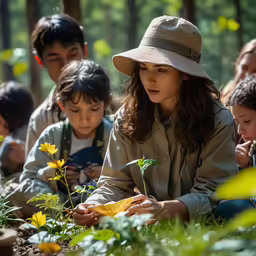 young children standing in a forest with their hands together