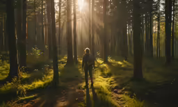 a man walks alone through the woods, on a trail