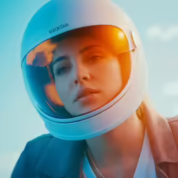 a woman in an astronaut helmet looks towards the side with a sunny sky behind her