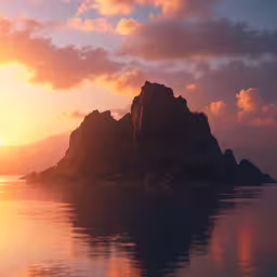 a mountain with two people standing on it at sunset
