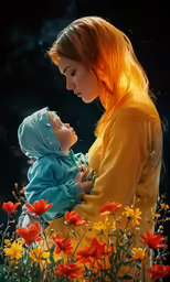 a baby being held by a woman wearing a blue shawl