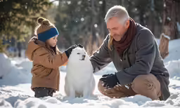 an old man and child petting a dog in the snow
