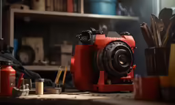 a red camera sitting on top of a table