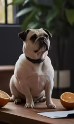 a cute small dog is sitting with an orange