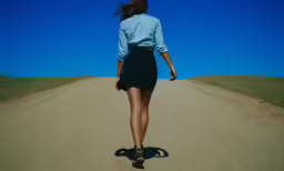 a woman walking down the middle of a road