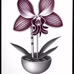 a drawing of an orchid in a pot with two pencils inside it,drawing of flower with black pencil on white background