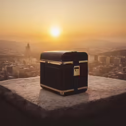 a piece of luggage is set up on the side of a building