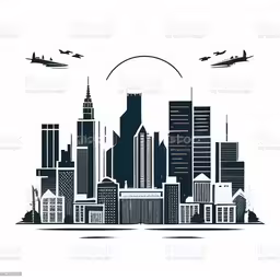a city skyline with airplanes flying above it,a black and white illustration of an airplane flying over the city
