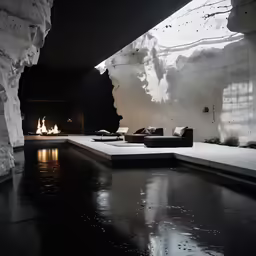 modern living room with fireplace lite up in front