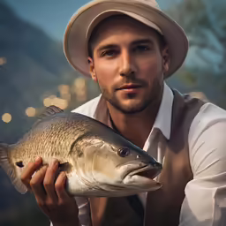 a man poses with a large fish while wearing a hat