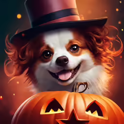 a cute little dog wearing a top hat next to a pumpkin