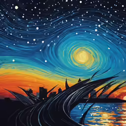a painting of a starr night by a lake