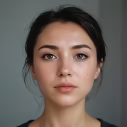 the young woman has light blue eyes and has a light pink lip