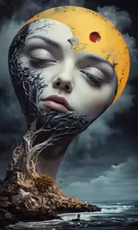 a woman with a full face is on a cliff