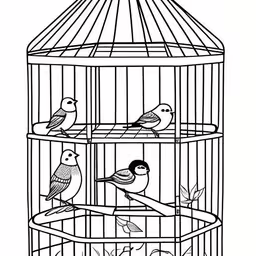 three birds are in a birdcage drawing,three birds sit in a bird cage