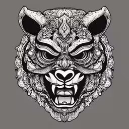 a growling mask in the form of a bear,a black and white drawing of an animal mask