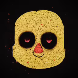 a face made of yellow stuff sitting on top of a black table,a yellow rubber ducky face with black eyes and a red nose
