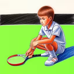 a little kid sits on the ground and holds onto his tennis racket