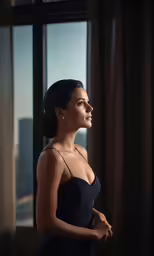 a young woman wearing black stands in front of a window