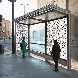 people are standing outside in a public area with windows