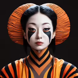 a girl in a bright orange and black outfit with orange accents