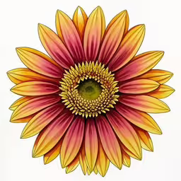 there is a yellow, pink, and red flower on the white surface