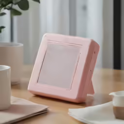a pink computer that is set on a table