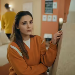 a woman leaning against a wall in the room