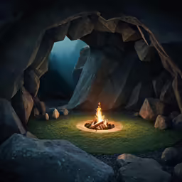 a close - up view of a fire pit in a cave