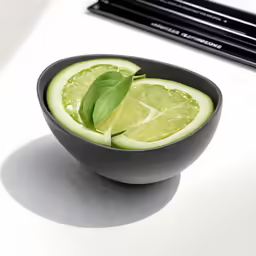 a bowl with sliced fruit is shown next to a pencil