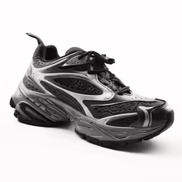 a black and white shoe with black accents