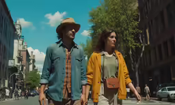two people walking down a street in a city