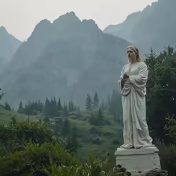 a white statue in front of mountains near trees