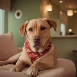 a large brown dog wearing a bandana sitting on a couch
