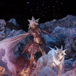 a girl and two white dogs standing in front of some rocks